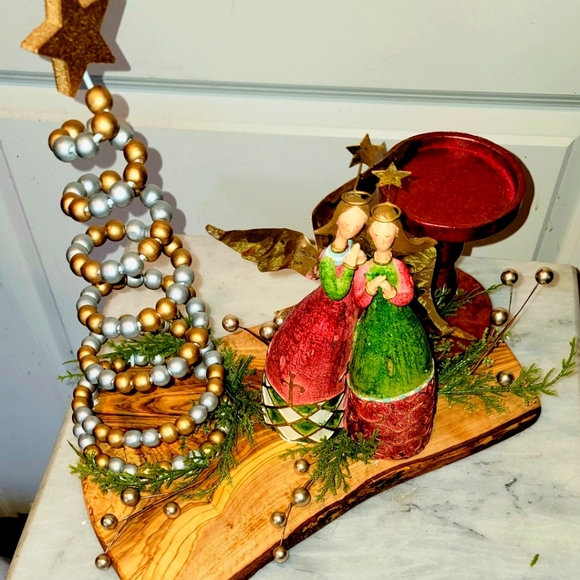 Christmas Centerpiece Candle Holder Angels Tree Wood Live Edge - Picture 2 of 9